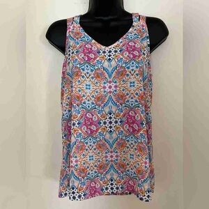 Floral Mosaic V-Neck Tank Top — Pink & Blue